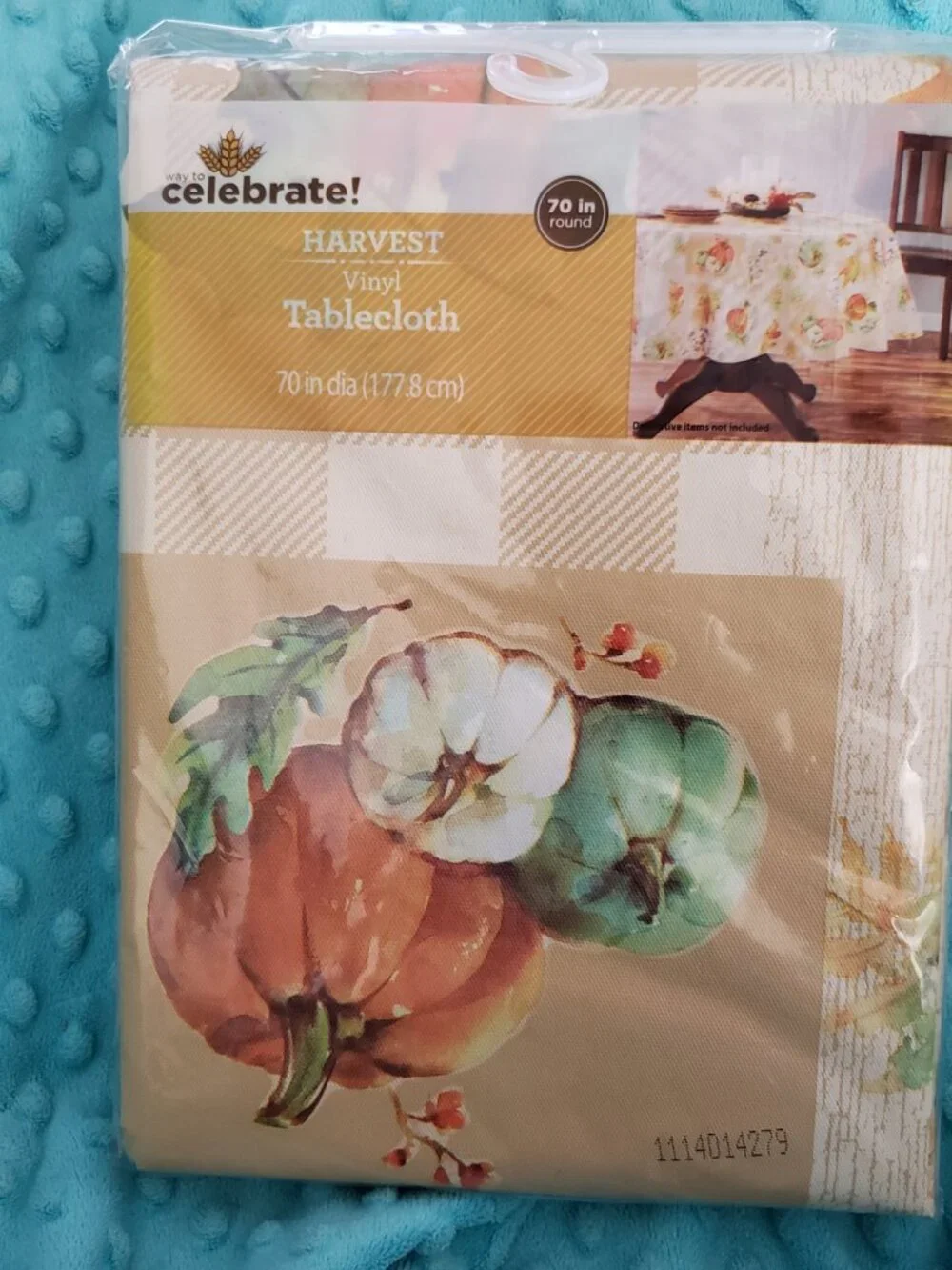 Vinyl Tablecloth Fall Leaves Pumpkins Patchwork 70 Inch Round